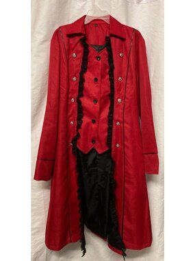 Victorian-Style Red & Black Long Coat With Ruffled Trim & Decorative Buttons XL